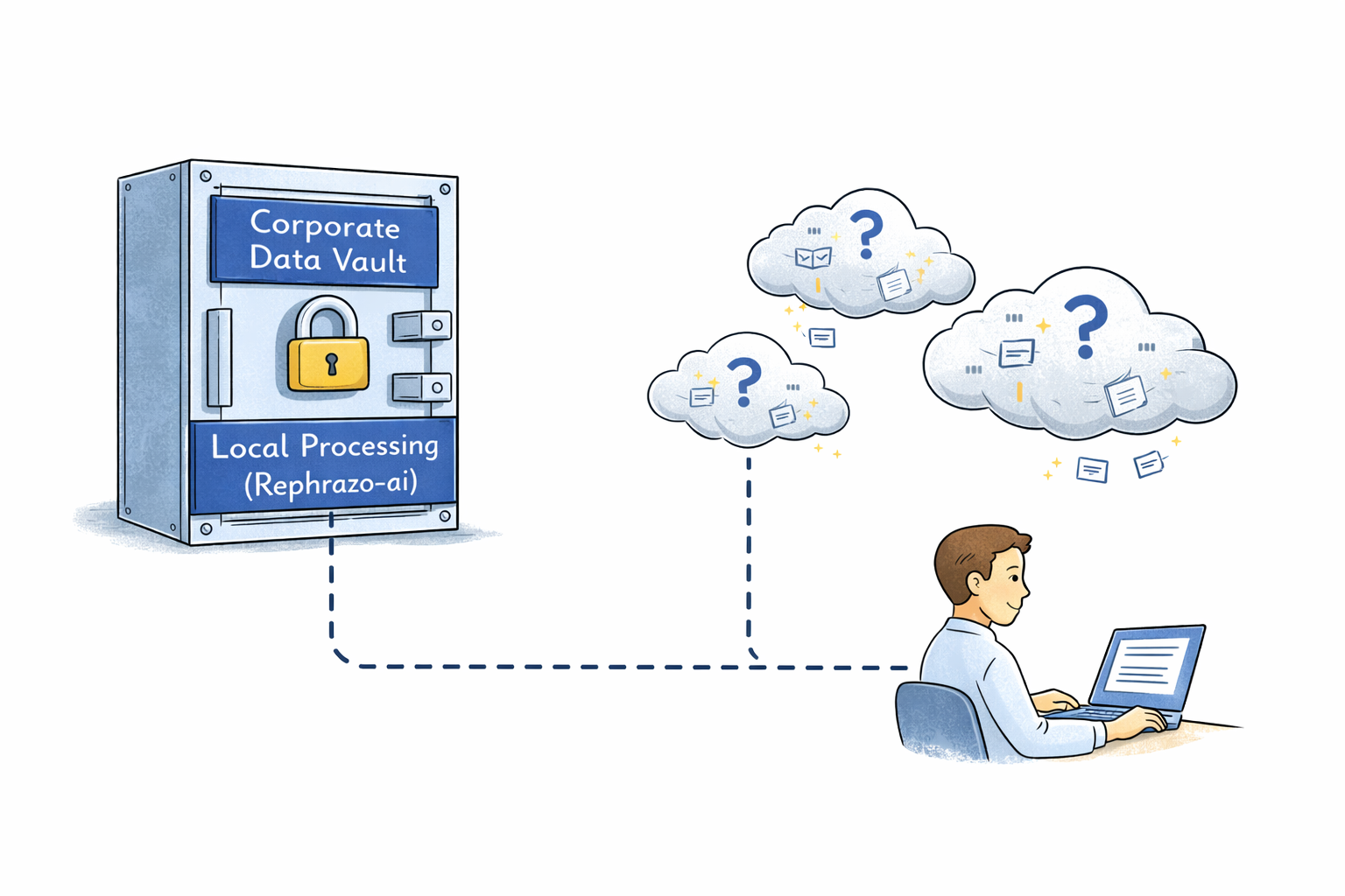 A conceptual illustration of a secure digital vault labeled 'Corporate Data Vault' with a padlock. A professional on a laptop is connected directly to this vault, bypassing any external cloud icons. The vault is explicitly labeled 'Local Processing (Rephrazo-ai)'.